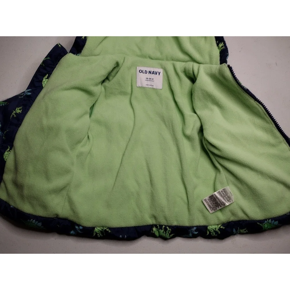Old Navy Kids Dinosaur Puffer Jacket Water‎ Resistant Hooded Navy Green 18 24M